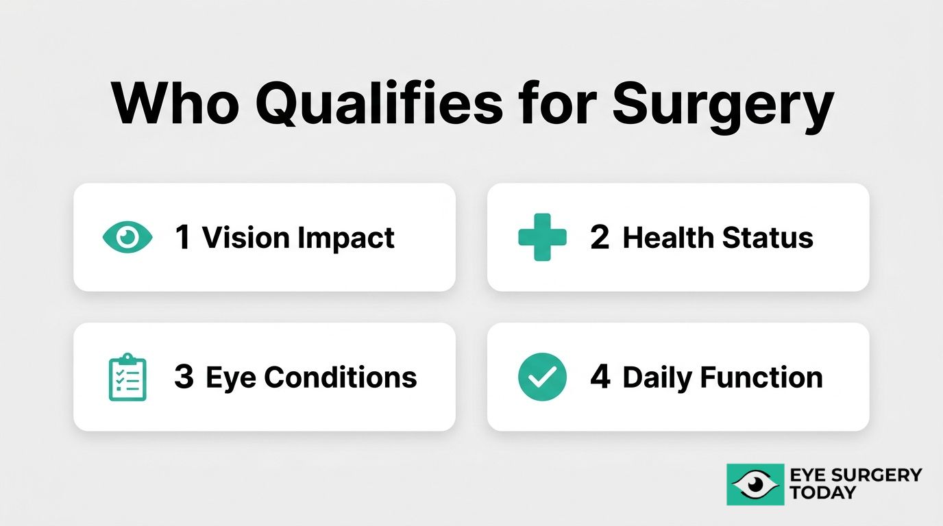 Cataract surgery qualification graphic showing vision impact, health status, eye conditions, and daily function.