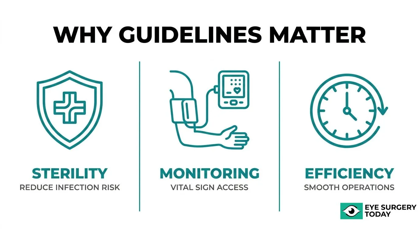 Infographic explaining why cataract surgery clothing guidelines matter for sterility, vital sign monitoring, and efficient surgical care.
