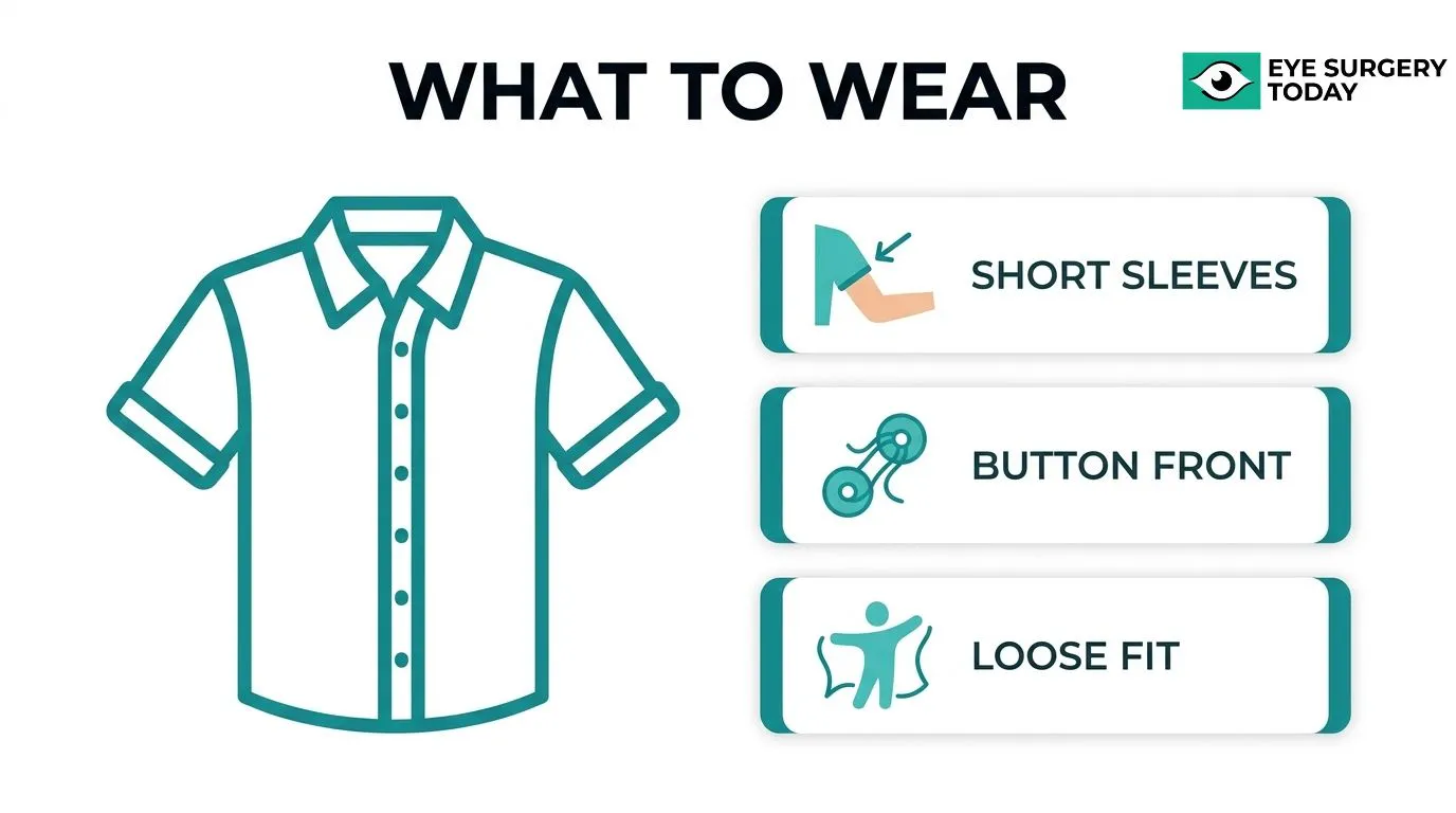 Cataract surgery clothing guide recommending short sleeves, button-front clothing, and a loose comfortable fit.