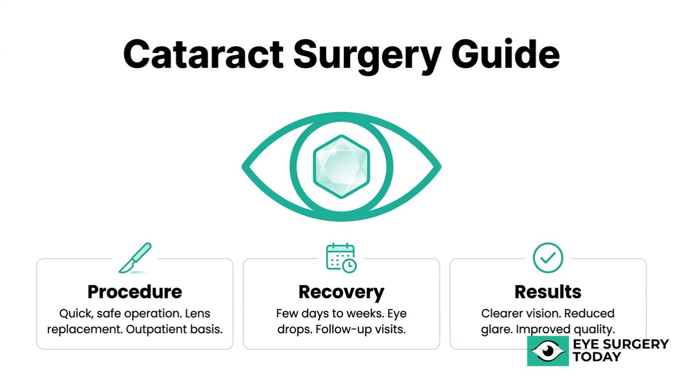Cataract surgery guide graphic showing procedure, recovery, and expected results after lens replacement.