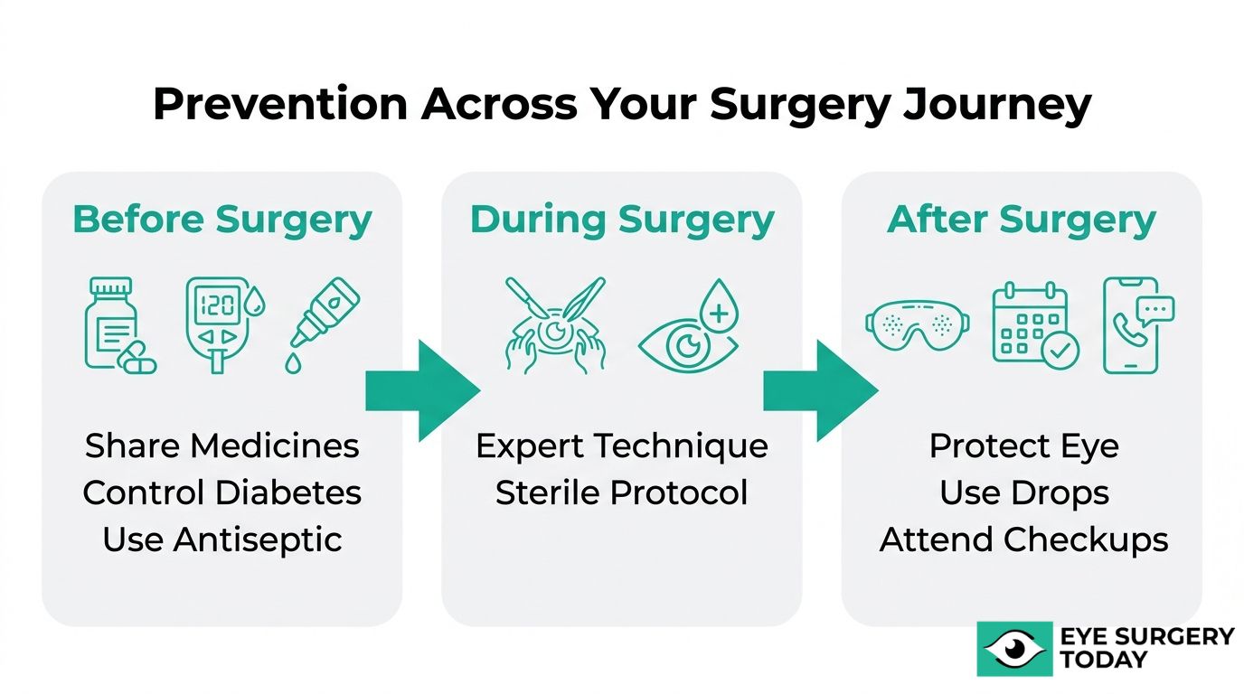 Cataract surgery prevention journey graphic showing steps before surgery, during surgery, and after surgery to reduce complications.