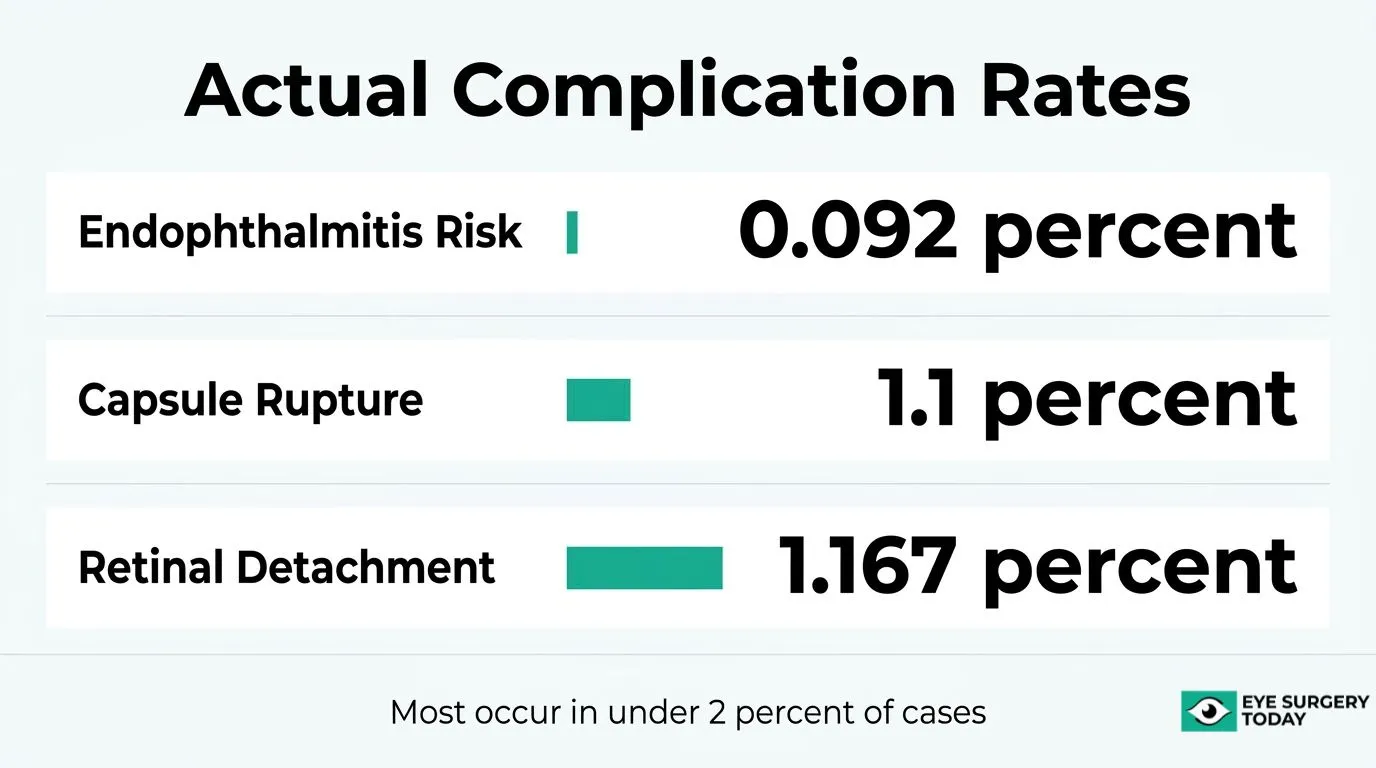 Cataract surgery complication rates showing reported risks for endophthalmitis, capsule rupture, and retinal detachment