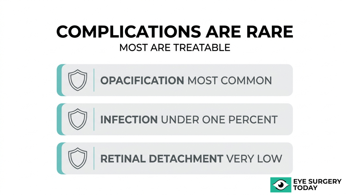 Cataract surgery complications are rare and treatable including opacification, low infection risk, and rare retinal detachment
