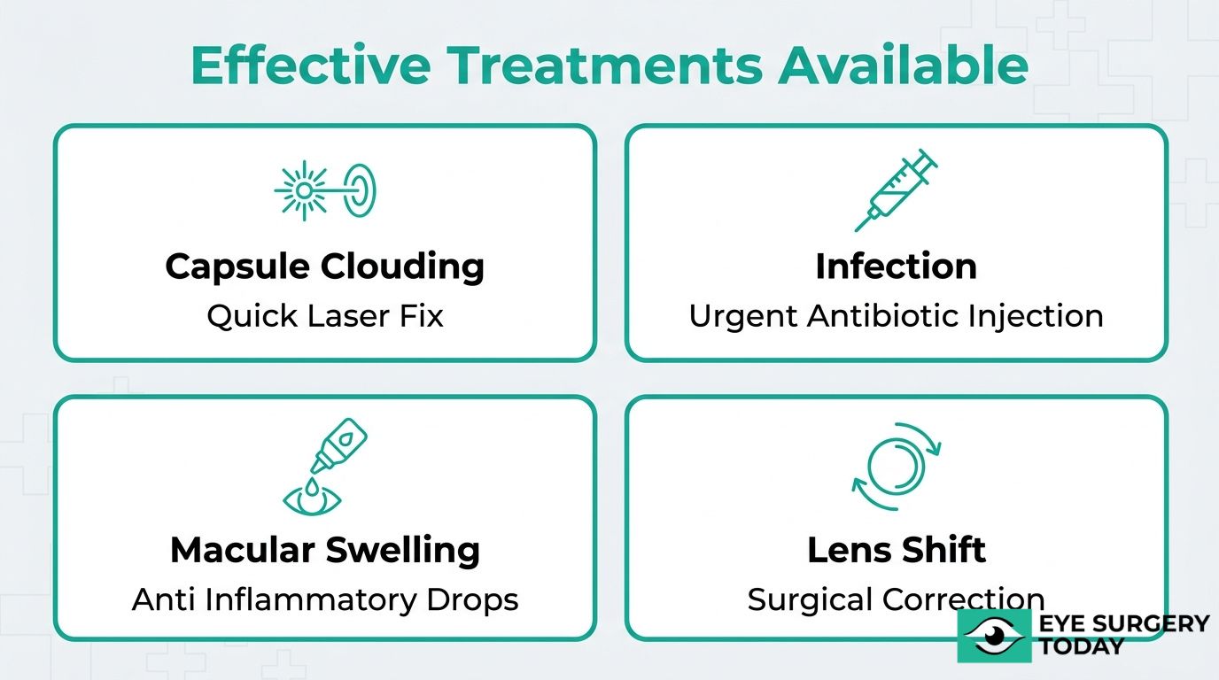 Effective cataract surgery treatment options graphic showing capsule clouding, infection, macular swelling, and lens shift treatments.