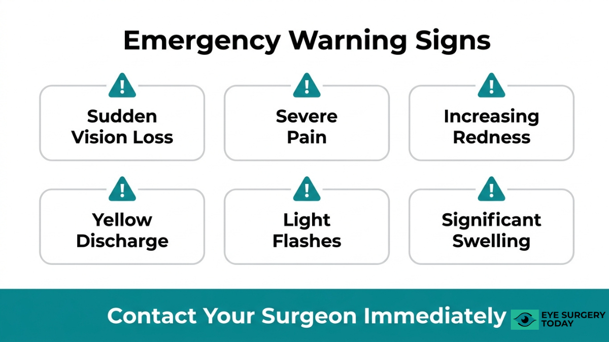 Emergency warning signs after cataract surgery including sudden vision loss, severe pain, redness, discharge, flashes, and swelling