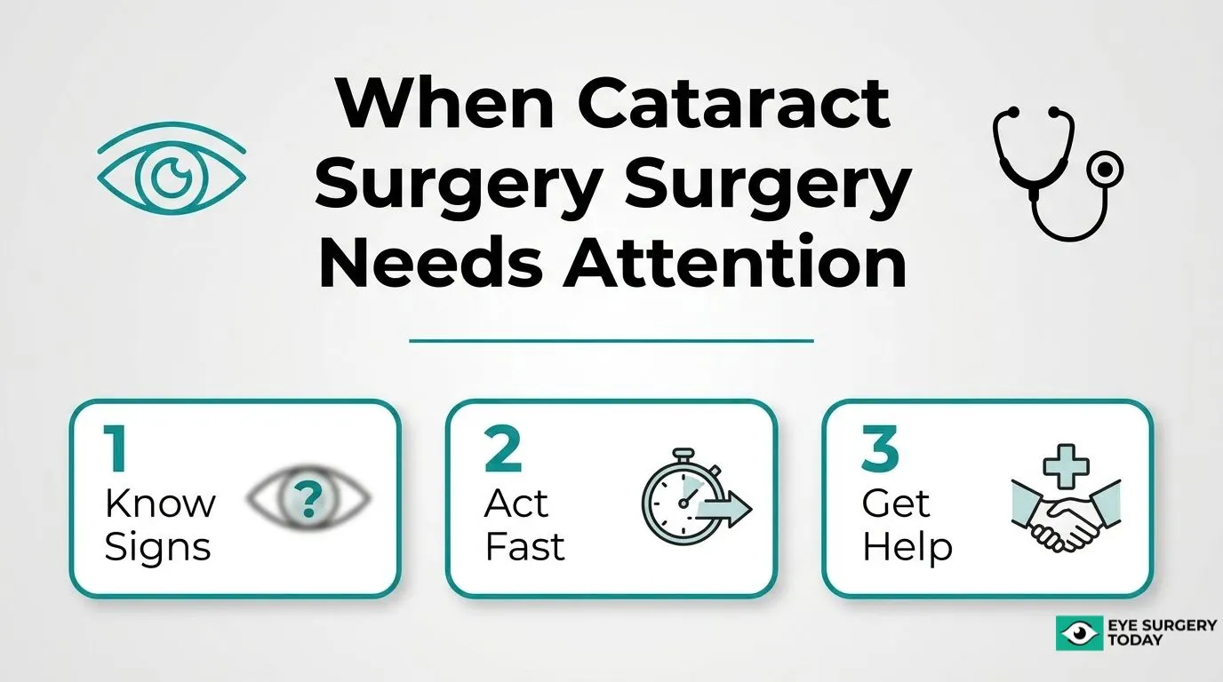 Patient guide explaining when cataract surgery symptoms need medical attention with steps to recognize signs, act quickly, and get help