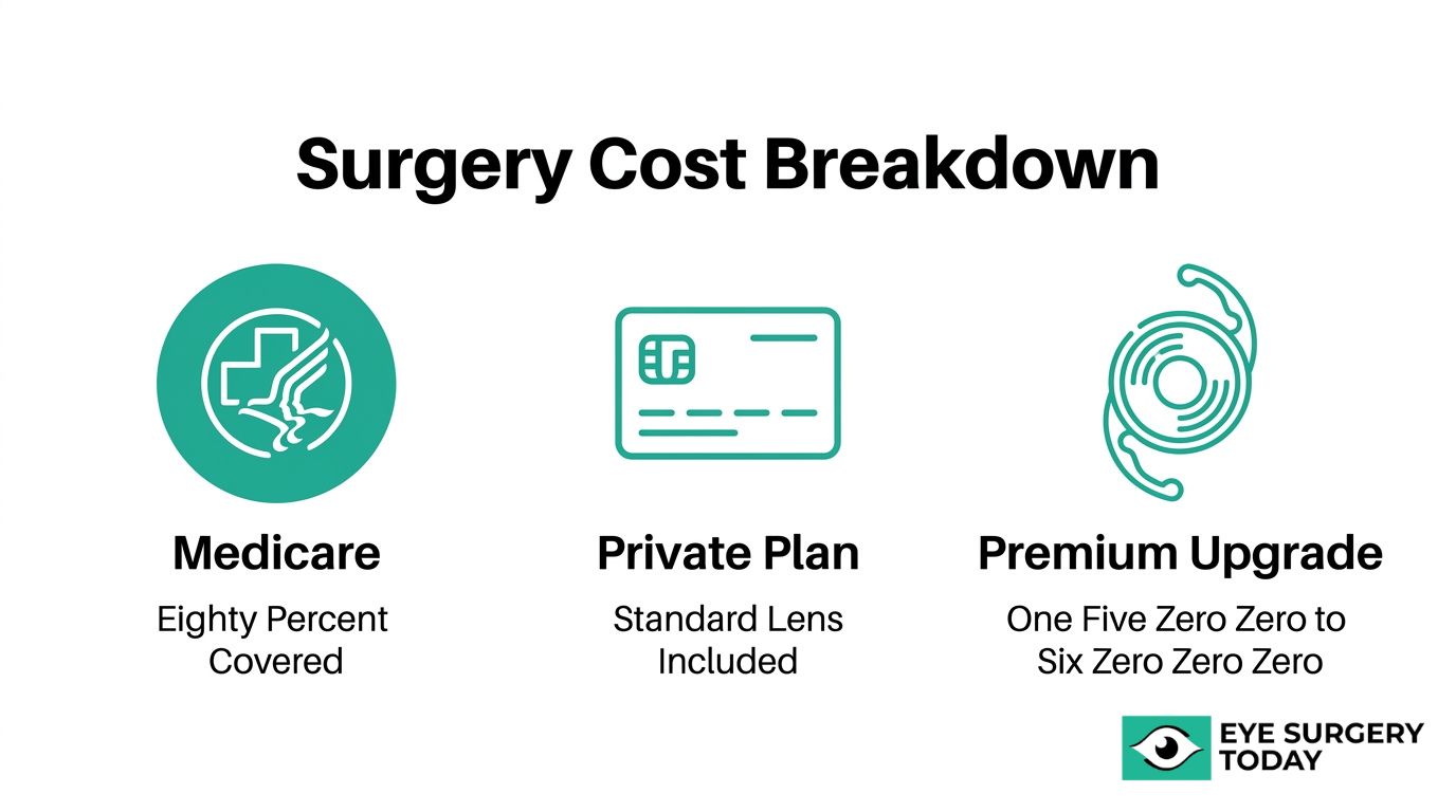Cataract surgery cost breakdown graphic showing Medicare coverage, private plan coverage, and premium lens upgrade costs.