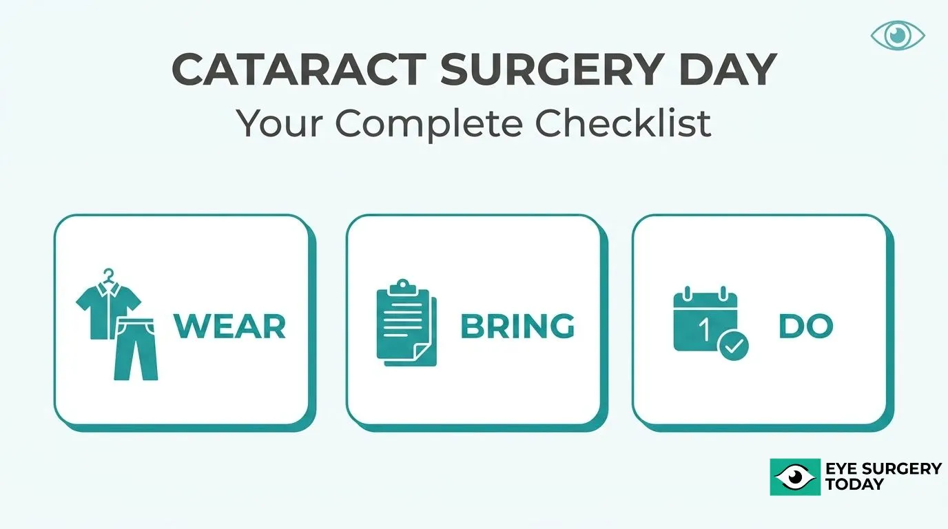 Cataract surgery day checklist showing what to wear, what to bring, and tasks to complete before surgery