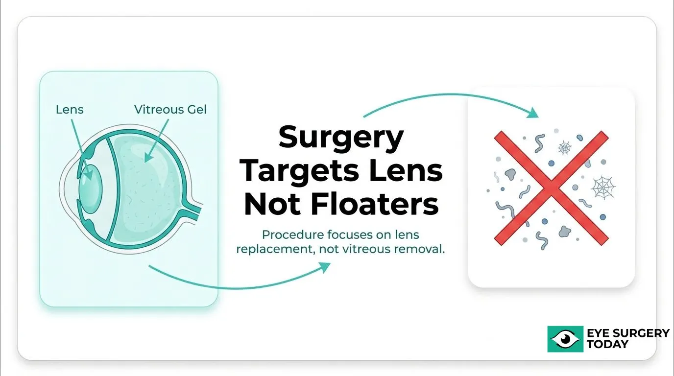 Diagram explaining that cataract surgery replaces the eye lens but does not remove vitreous floaters.
