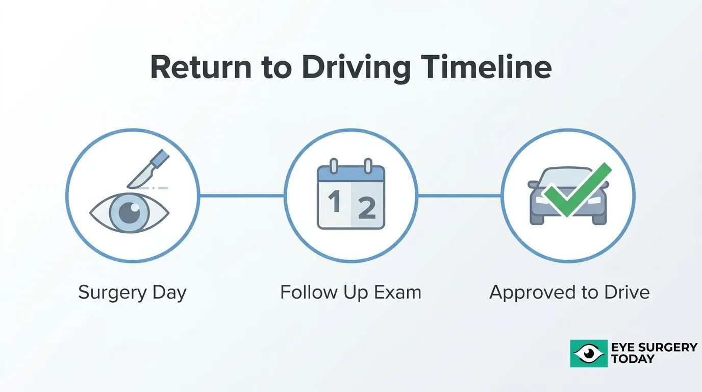 Timeline for returning to driving after cataract surgery, from surgery day to a follow-up eye exam and approval to drive.