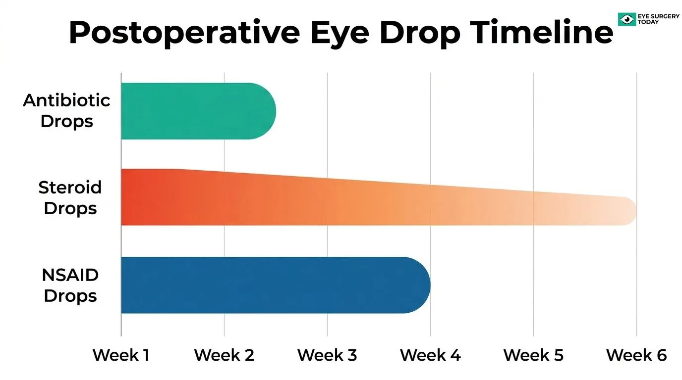 Postoperative cataract surgery eye drop timeline showing antibiotic drops through about week 2, NSAID drops through week 4, and steroid drops tapered through week 6
