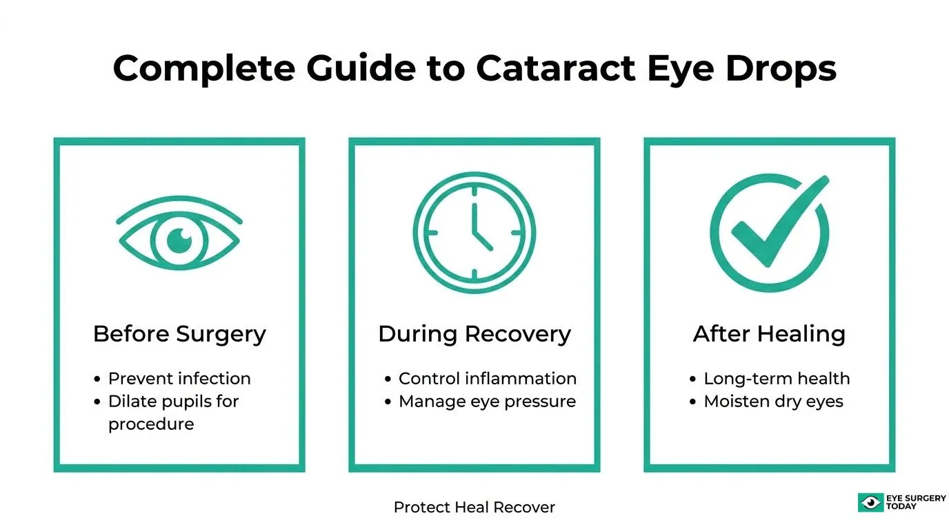 Guide to cataract surgery eye drops before surgery, during recovery, and after healing, including infection prevention, inflammation control, and dry eye relief