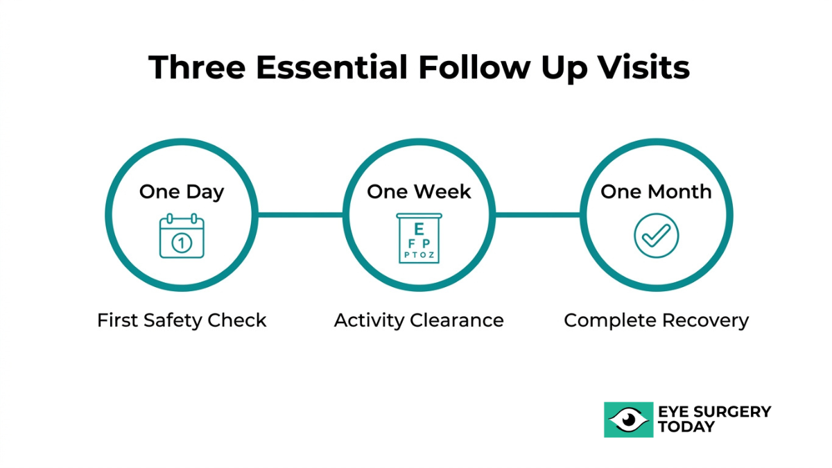 Cataract surgery follow-up schedule including one day safety check, one week activity clearance, and one month full recovery visit