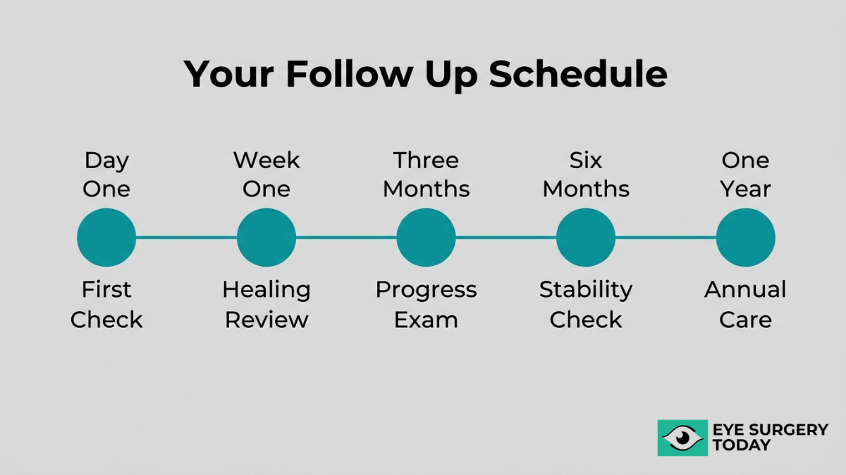 Cataract surgery follow-up timeline from day one to one year including healing review and stability checks