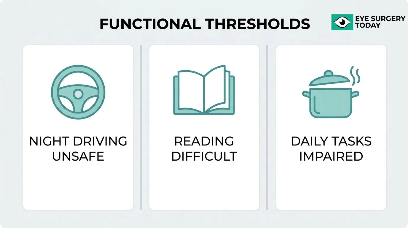 Functional signs that cataracts may interfere with night driving, reading, and daily tasks.