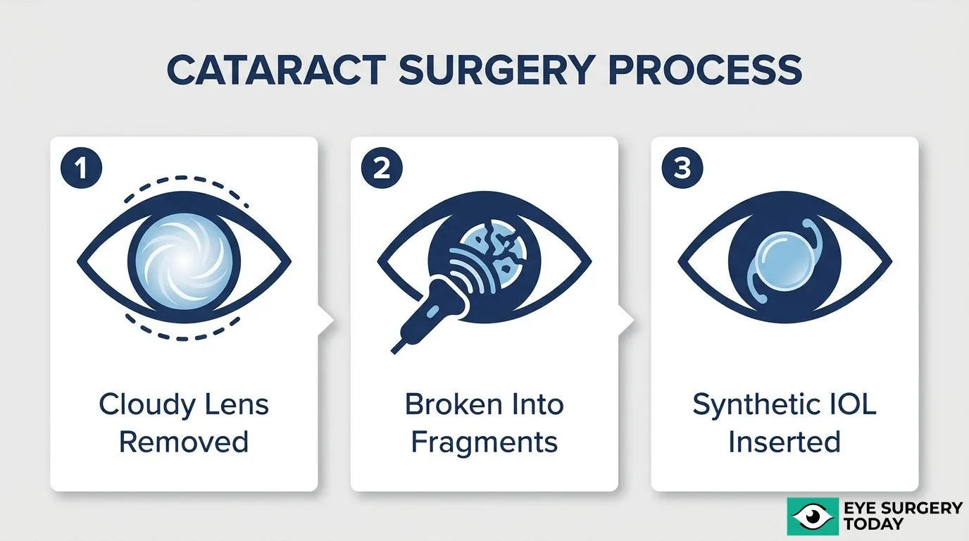 Cataract surgery process showing the cloudy natural lens broken into fragments and removed before a synthetic intraocular lens is inserted.