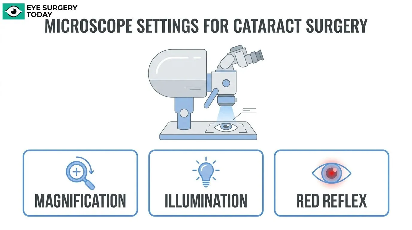 Cataract surgery microscope settings focused on magnification, illumination, and red reflex for clear visualization during surgery.