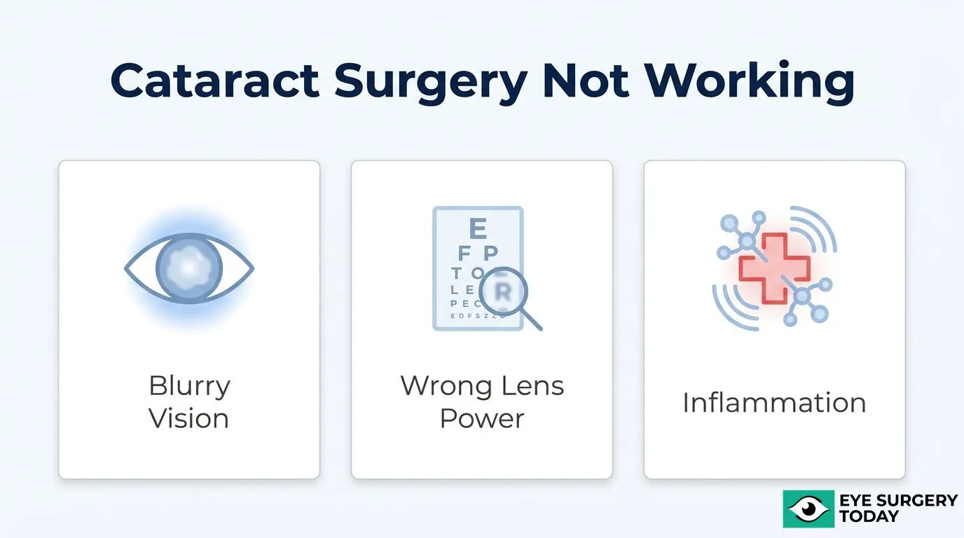 Possible signs that cataract surgery may not be working as expected, including blurry vision, incorrect lens power, and inflammation.