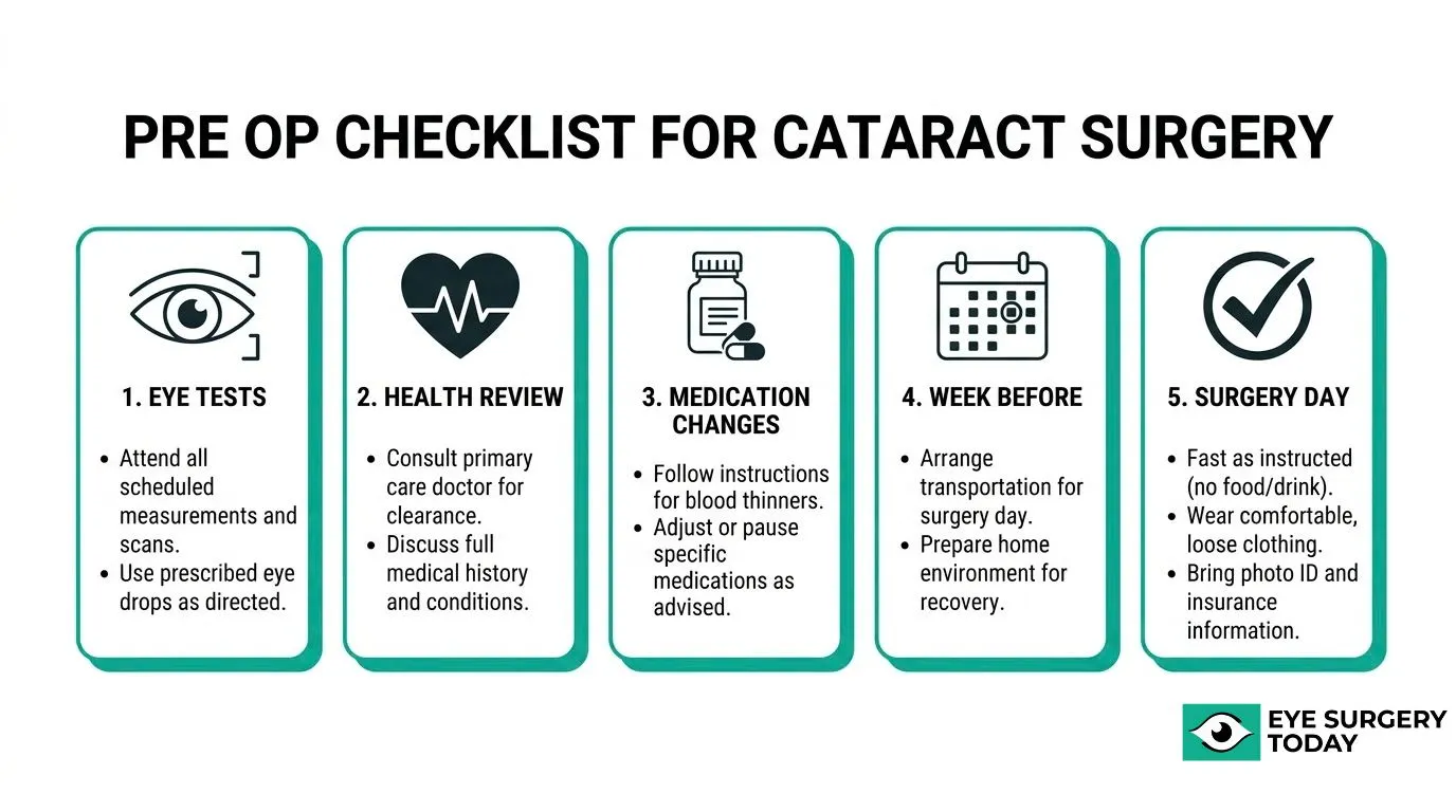 Cataract surgery pre-op checklist covering eye tests, health review, medication changes, preparation, and surgery-day instructions.