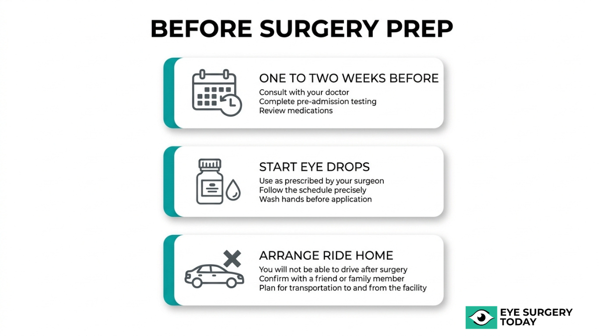 Cataract surgery preparation steps including pre-admission testing, starting prescribed eye drops, and arranging transportation home