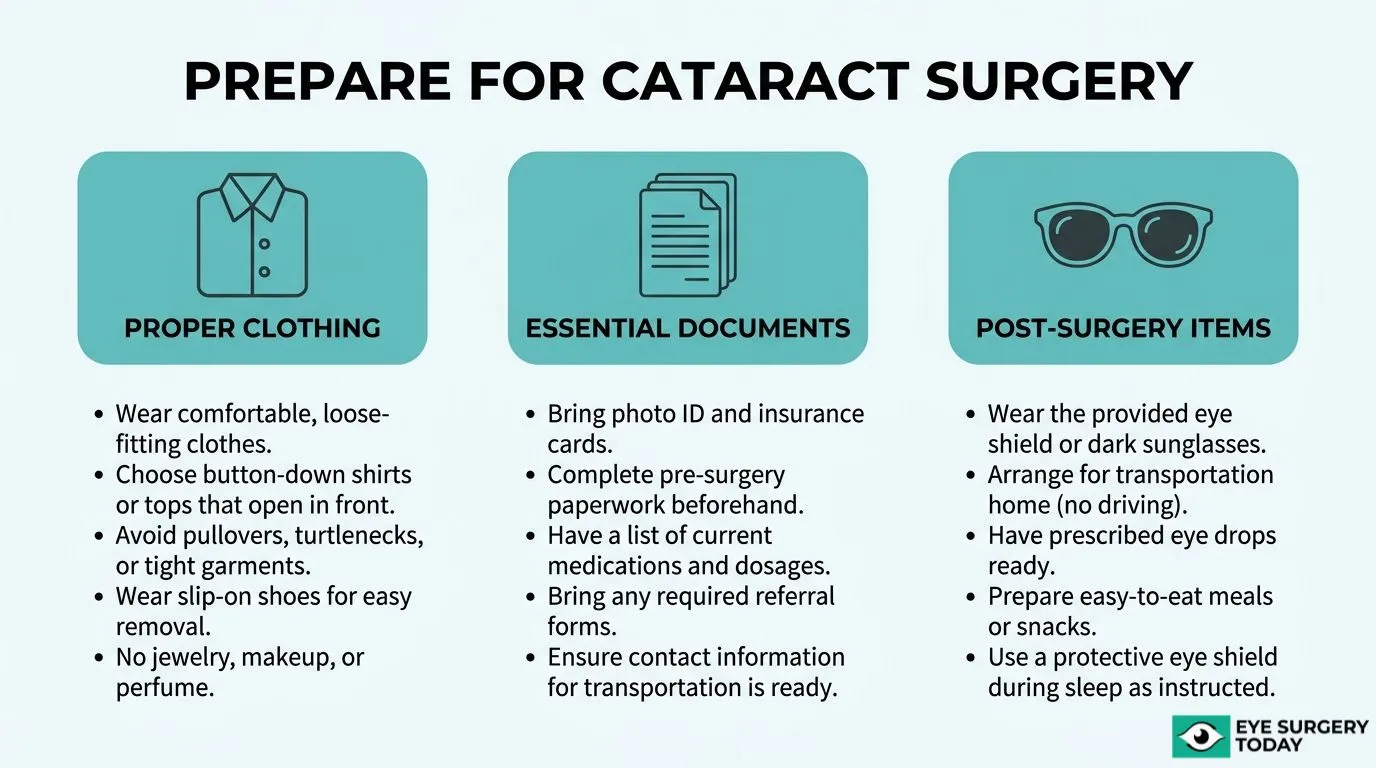Cataract surgery preparation guide covering proper clothing, essential documents, transportation, eye protection, and post-surgery items.