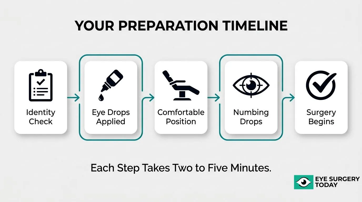 Cataract surgery preparation timeline showing identity check, eye drops, comfortable positioning, numbing drops, and the start of surgery.