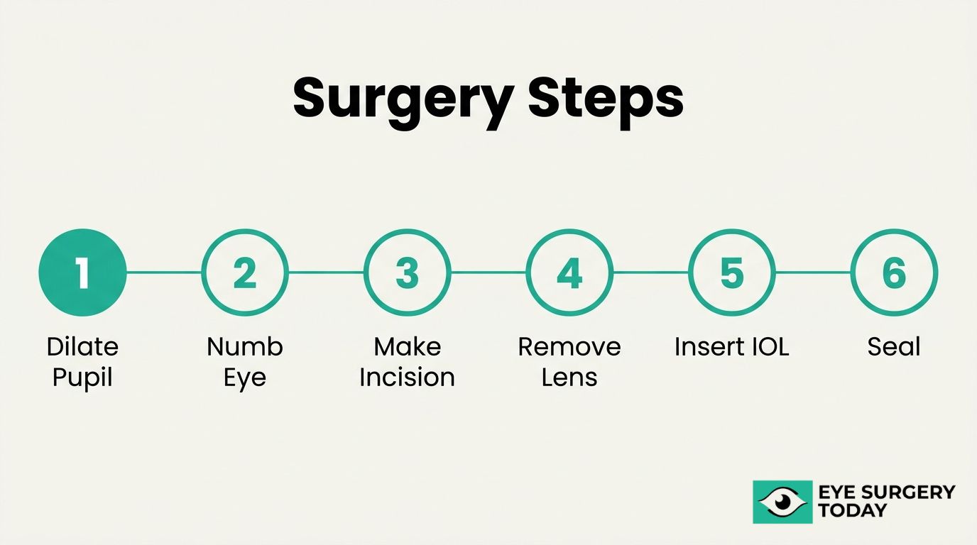 Cataract surgery steps timeline showing pupil dilation, eye numbing, incision, lens removal, IOL insertion, and sealing.
