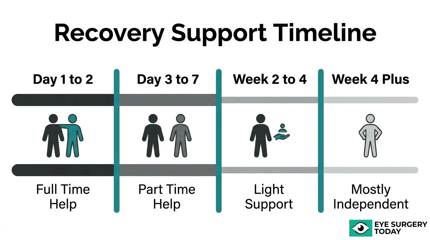 Cataract surgery recovery support timeline showing full-time help for days 1 to 2, part-time help for days 3 to 7, light support for weeks 2 to 4, and increasing independence afterward.