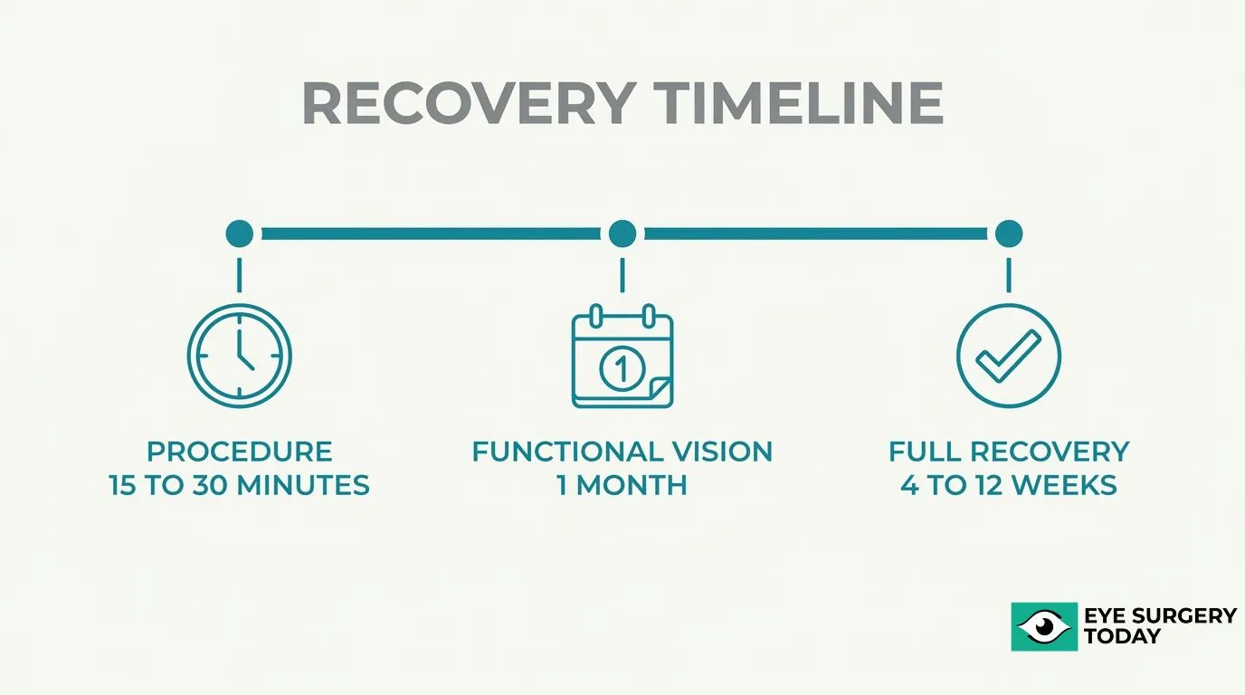 Cataract surgery recovery timeline showing a 15 to 30 minute procedure, functional vision at one month, and full recovery in 4 to 12 weeks.
