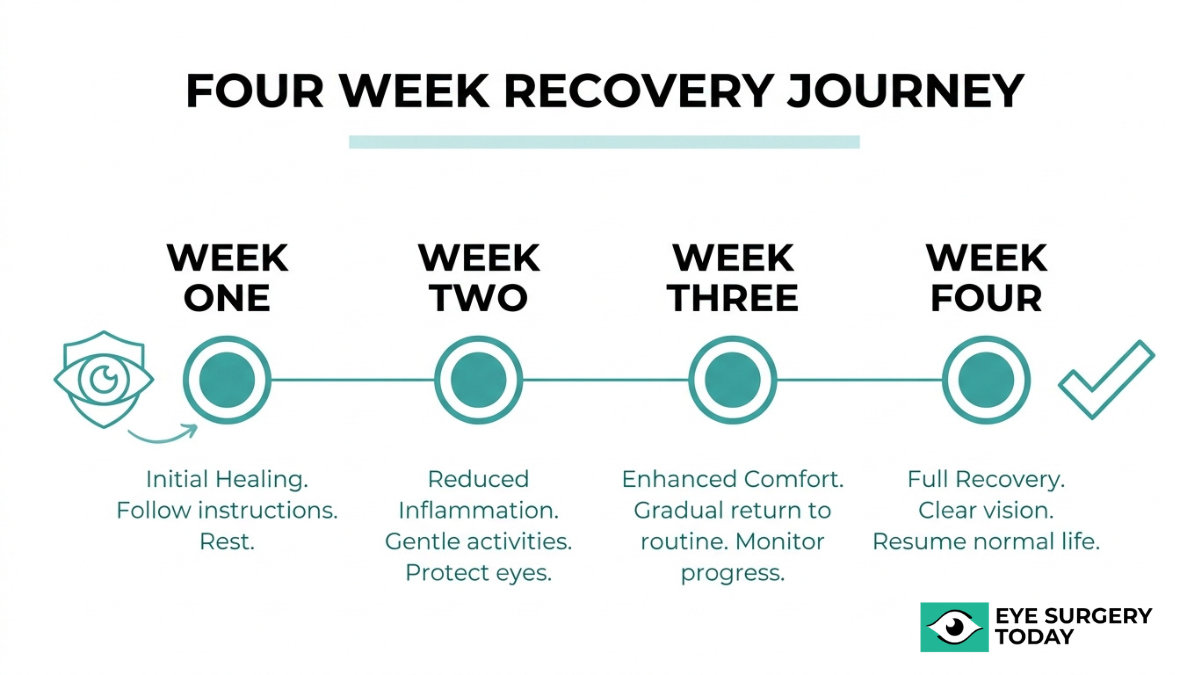 Four week cataract surgery recovery timeline showing healing progress from initial rest to full recovery and clear vision