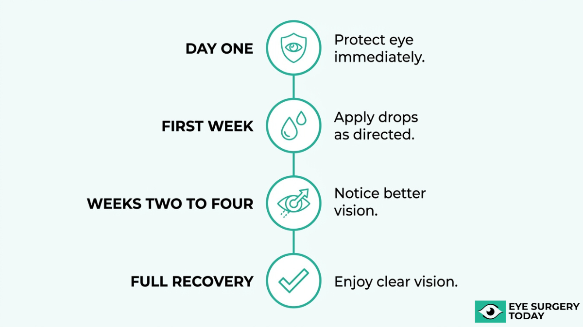Cataract surgery recovery timeline from day one protection to full recovery with improved vision over several weeks