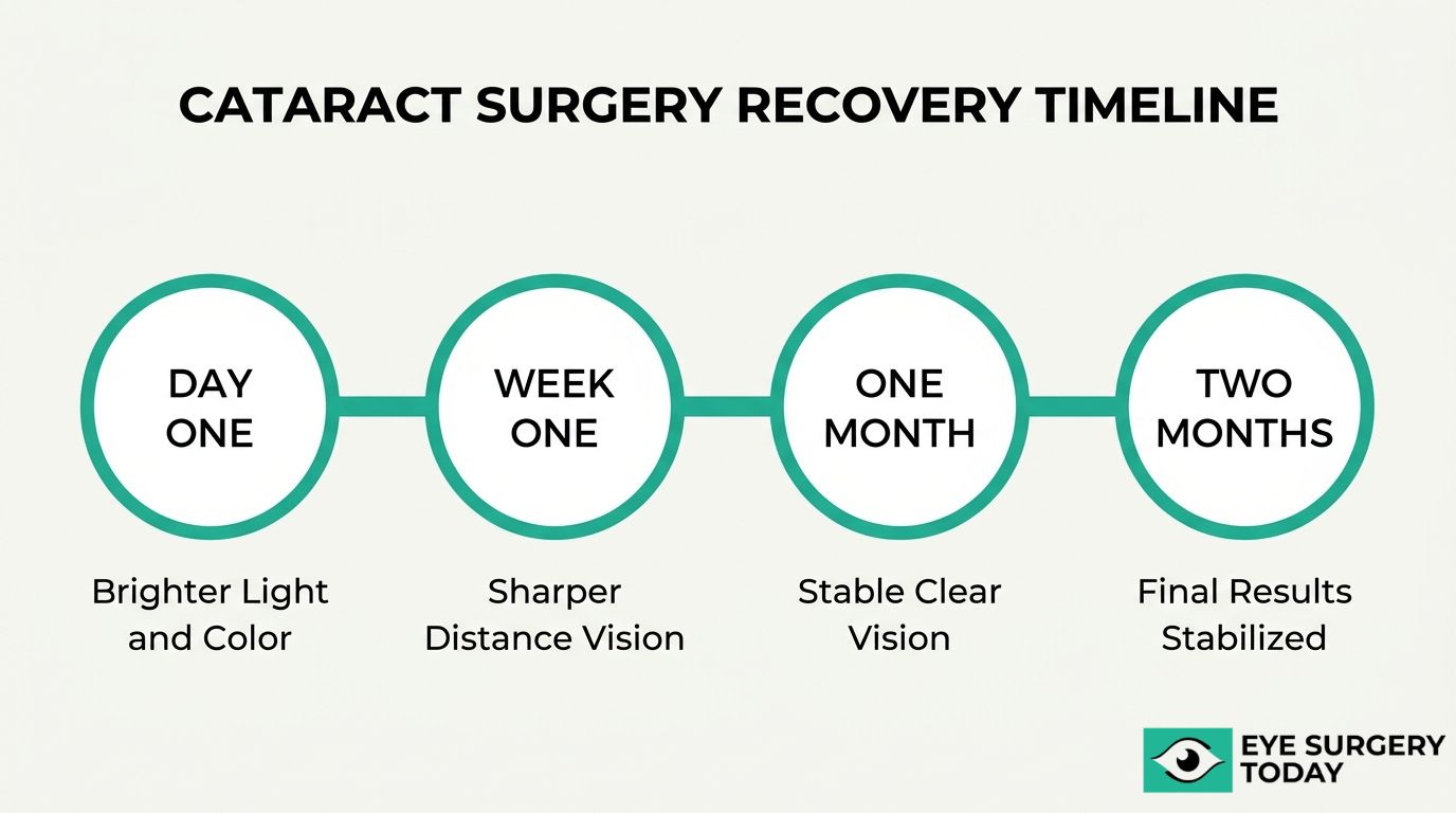 Cataract surgery recovery timeline showing day one, week one, one month, and two month vision improvement milestones.