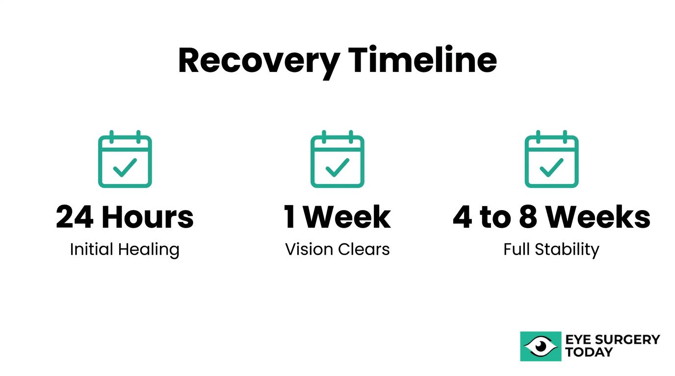 Cataract surgery recovery timeline showing initial healing at 24 hours, clearer vision after 1 week, and full stability in 4 to 8 weeks.