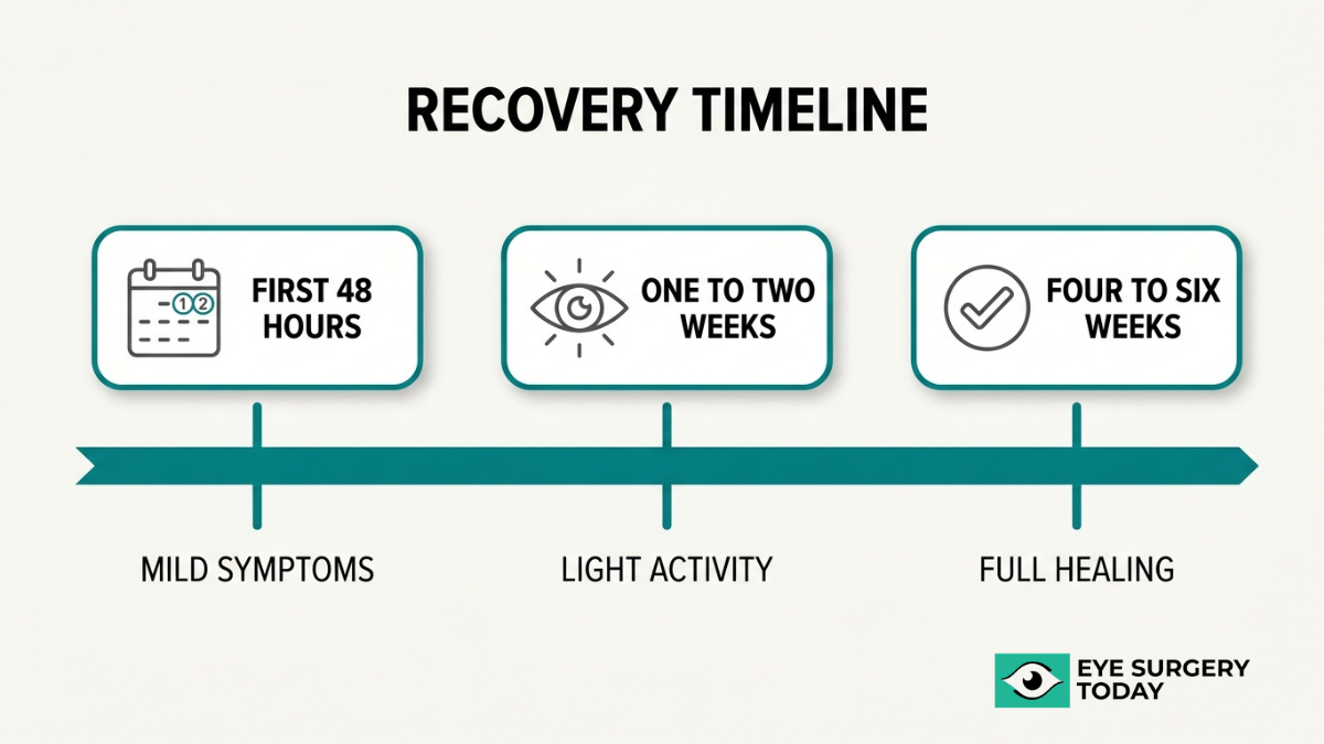 Cataract surgery recovery timeline showing first 48 hours with mild symptoms, light activity in one to two weeks, and full healing by four to six weeks