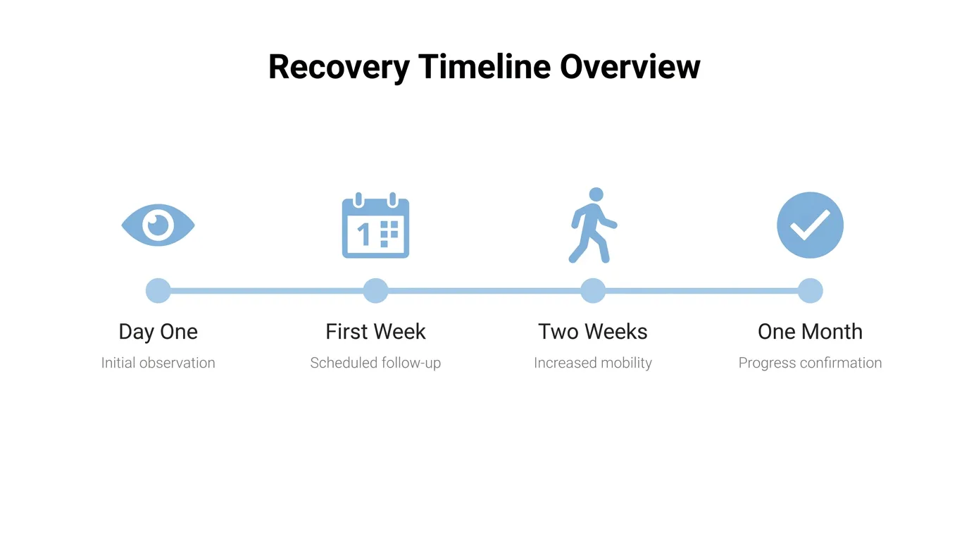 Cataract surgery recovery timeline showing day one observation, first-week follow-up, increased mobility at two weeks, and progress confirmation at one month.