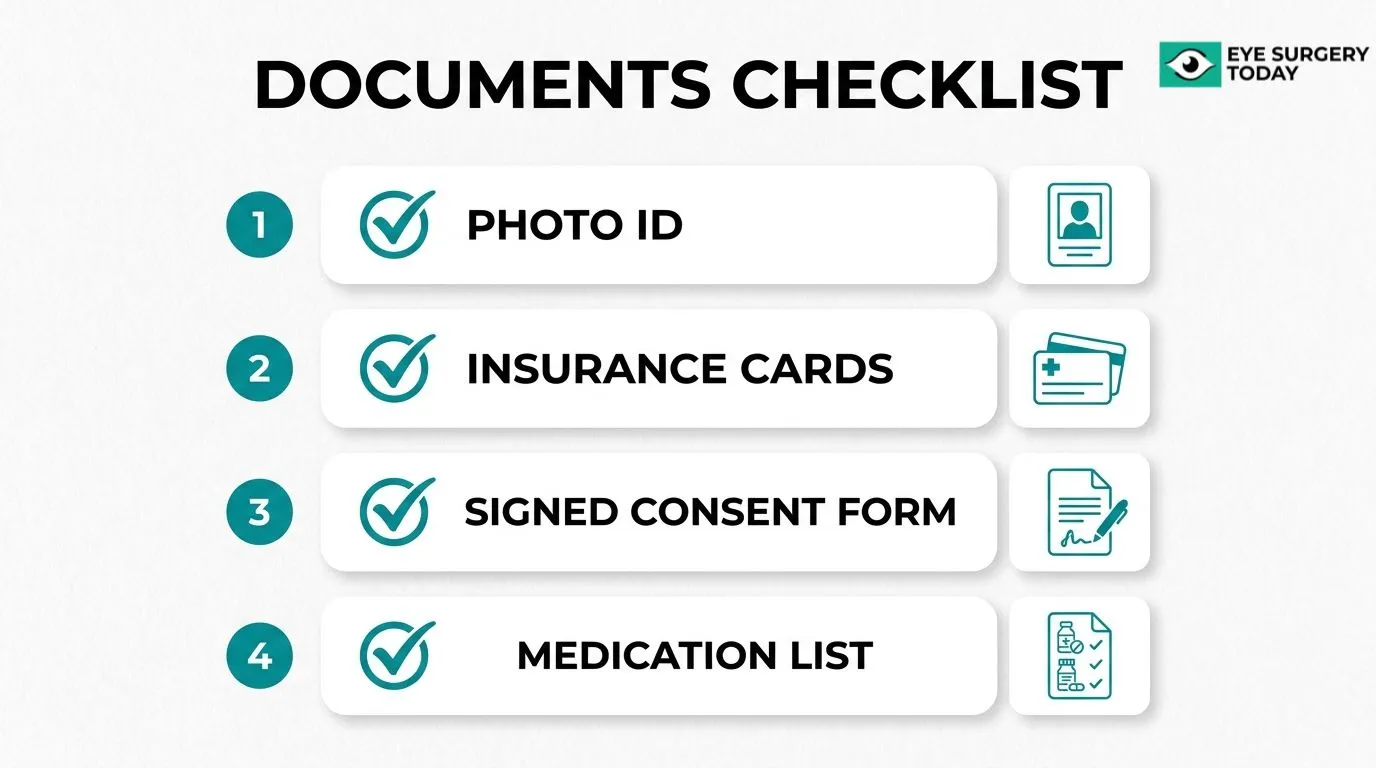 Cataract surgery documents checklist including photo ID, insurance cards, signed consent form, and medication list.