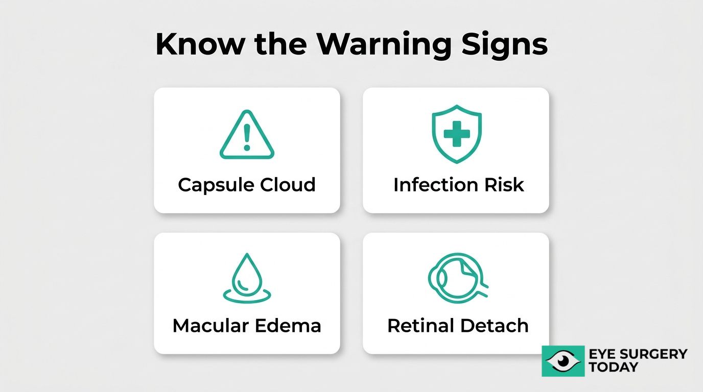 Cataract surgery warning signs graphic showing capsule cloud, infection risk, macular edema, and retinal detachment.