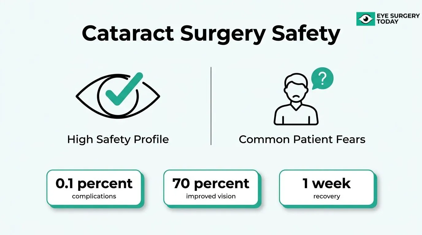 Cataract surgery safety overview showing potential complications, recovery time, and common patient concerns