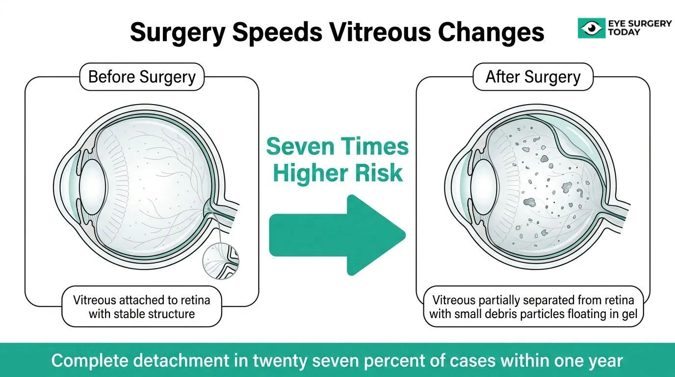 Diagram showing vitreous changes before and after cataract surgery and increased risk of vitreous detachment