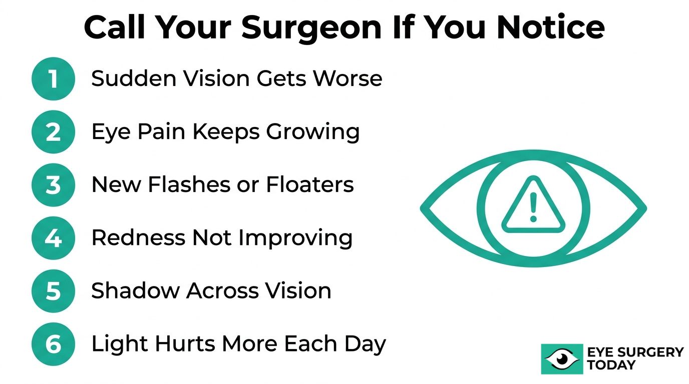 Warning signs after cataract surgery graphic advising patients to call their surgeon for worsening vision, growing eye pain, new flashes or floaters, redness, shadow across vision, or worsening light sensitivity.