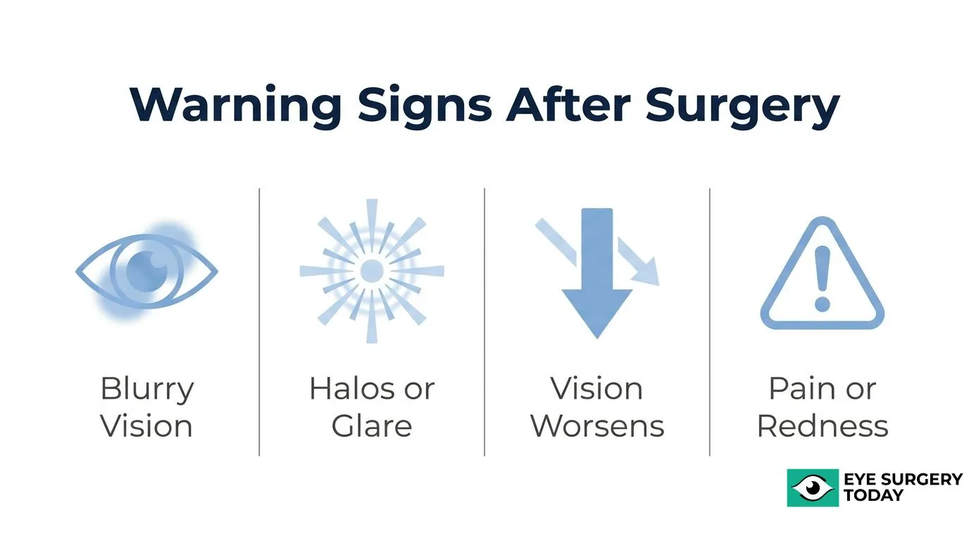 Warning signs after cataract surgery, including blurry vision, halos or glare, worsening vision, and eye pain or redness.