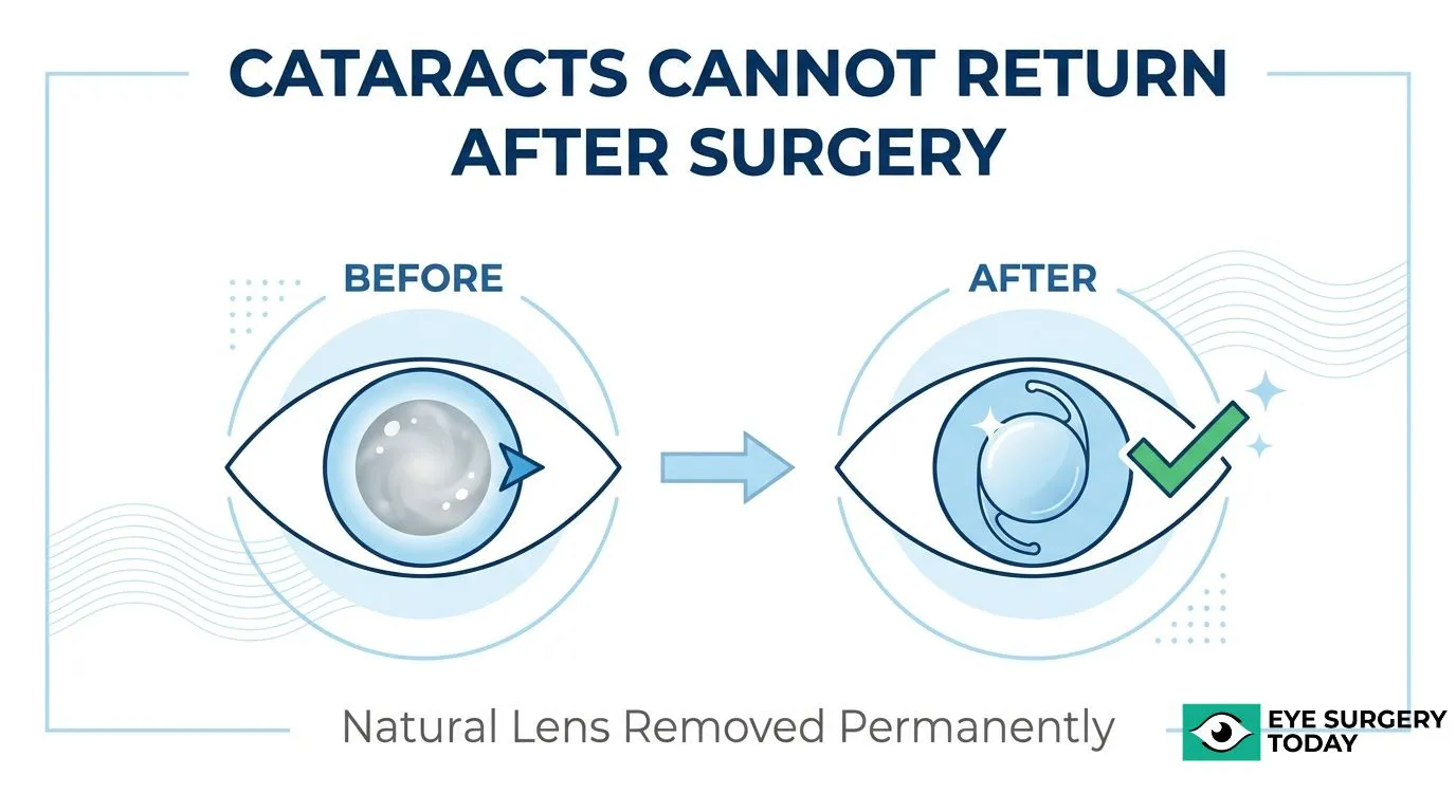 Diagram showing that cataracts cannot return after surgery because the clouded natural lens is permanently removed and replaced with an artificial lens.
