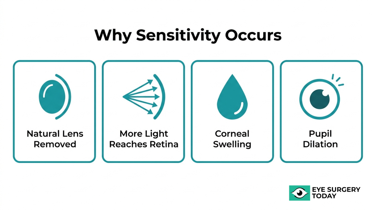 Causes of light sensitivity after cataract surgery including natural lens removal, increased light exposure to retina, corneal swelling, and pupil dilation