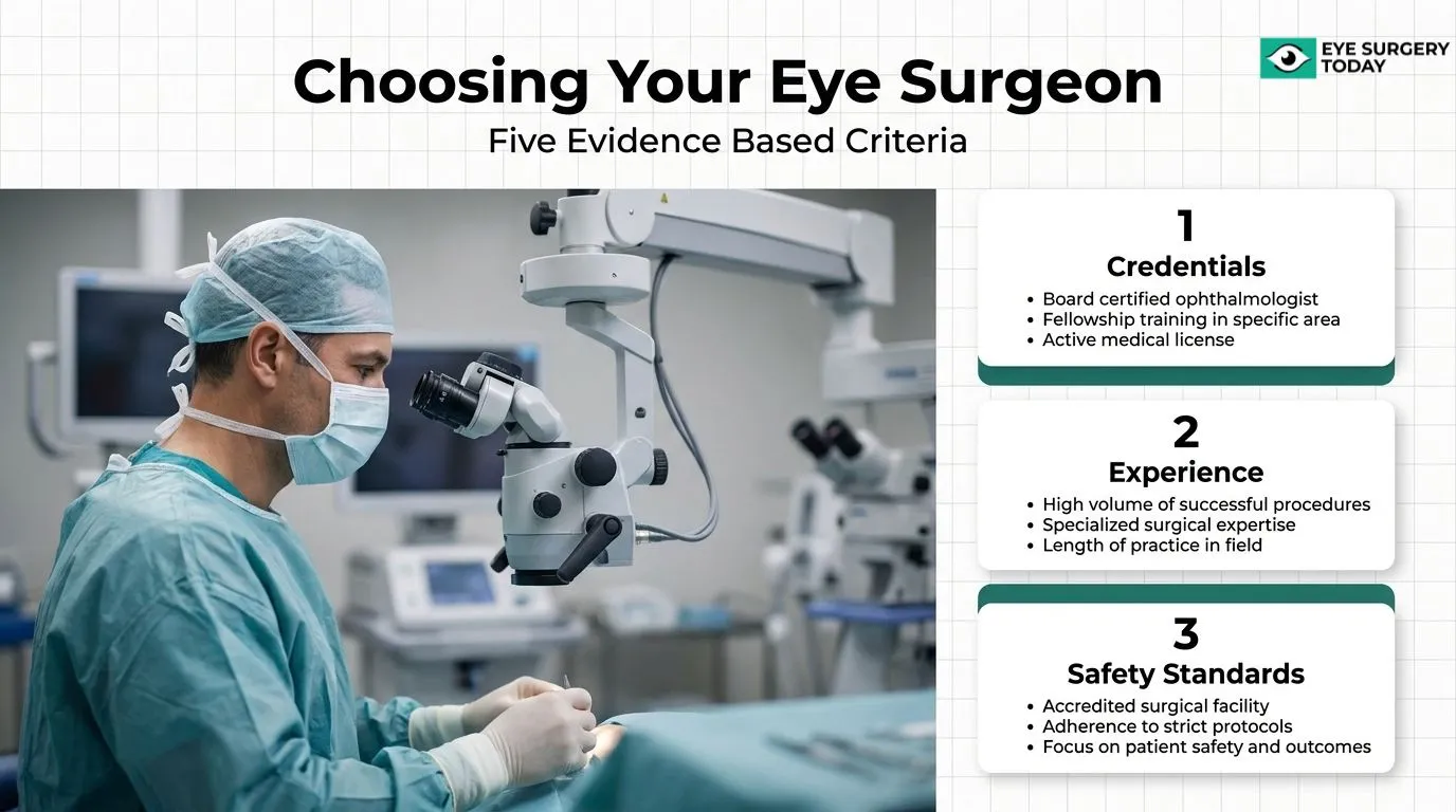 Framework for choosing an eye surgeon based on credentials, surgical experience, and safety standards, with an ophthalmologist performing surgery using a microscope