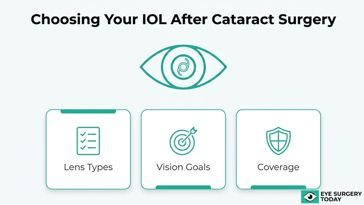 Guide to choosing intraocular lens after cataract surgery based on lens types, vision goals, and insurance coverage options.
