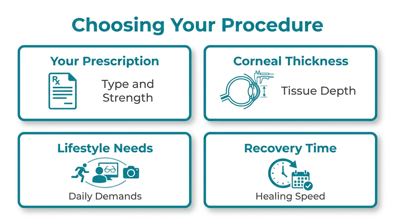 Factors for choosing a laser eye procedure, including prescription, corneal thickness, lifestyle needs, and recovery time.