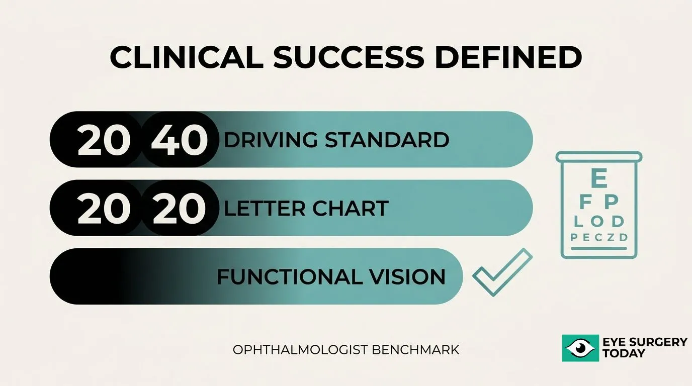 Clinical success vision standards showing 20/40 driving vision, 20/20 letter chart vision, and functional vision as ophthalmology benchmarks