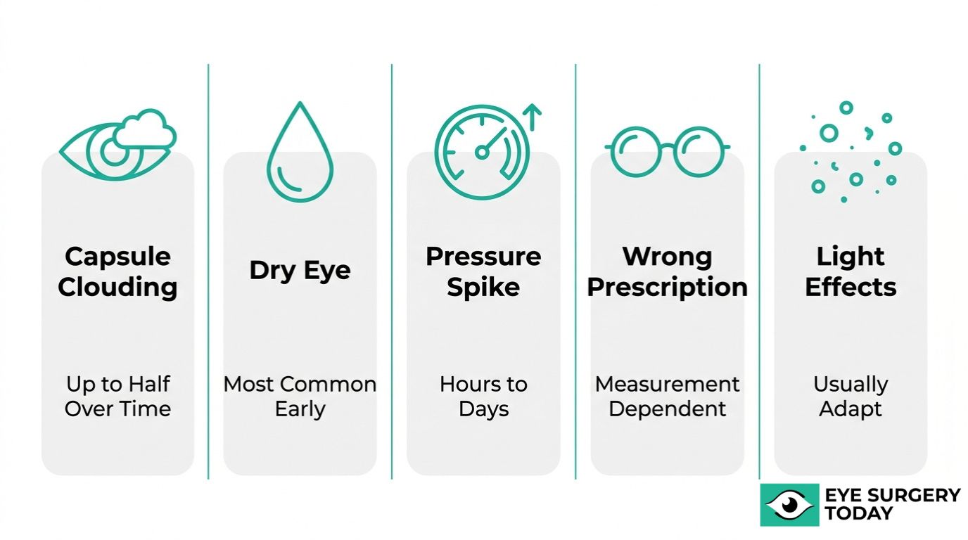 Cataract surgery side effects graphic showing capsule clouding, dry eye, pressure spike, wrong prescription, and light effects.