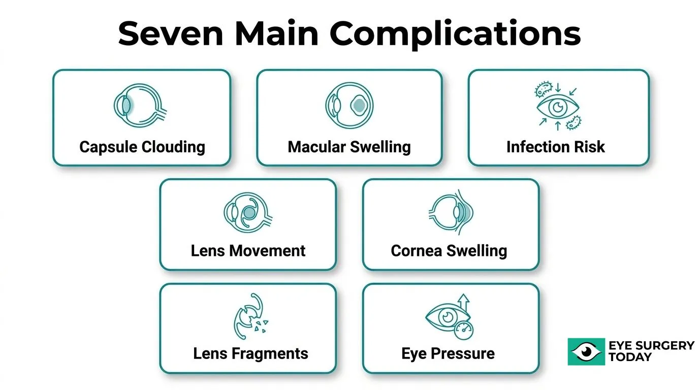 Seven common cataract surgery complications including capsule clouding, macular swelling, infection risk, lens movement, and eye pressure
