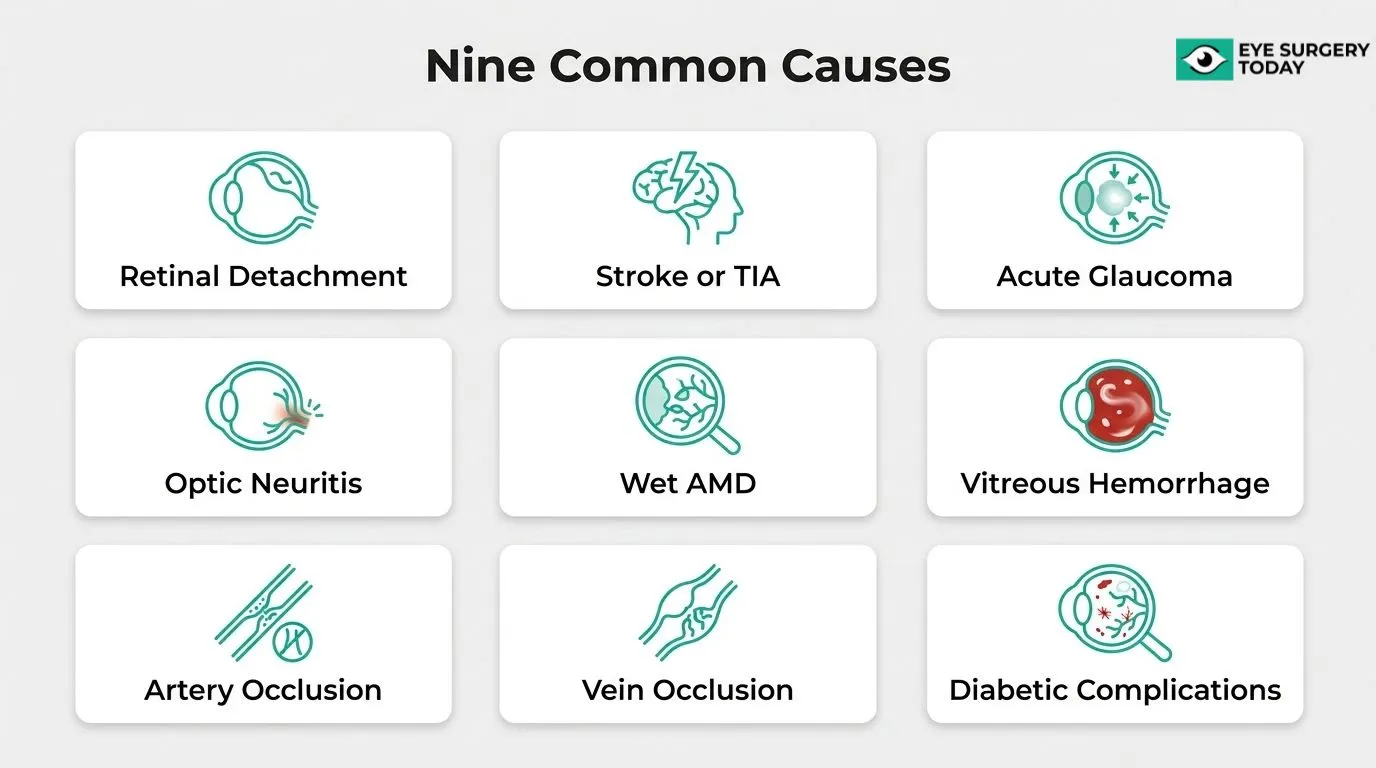 Nine common causes of sudden vision changes, including retinal detachment, stroke or TIA, acute glaucoma, optic neuritis, wet AMD, vitreous hemorrhage, artery occlusion, vein occlusion, and diabetic complications